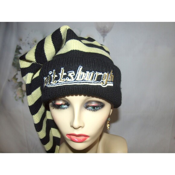 Pittsburgh long Knit Hat Yellow Black Knit with Embroidered Cuff and Pom pom - Picture 2 of 3